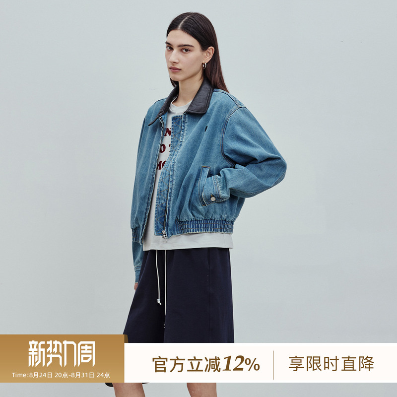 Bluewedian2026 New Retro Washed Denim Color-Block Lapel Denim Jacket Denim Coat