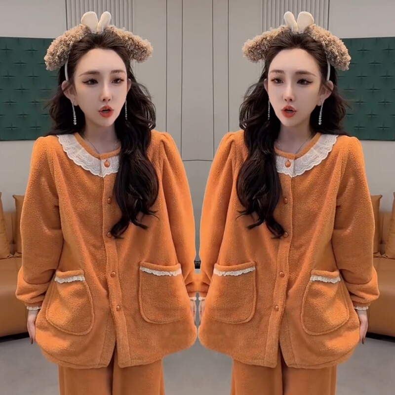 Trendy Lace-Trimmed Fluffy Loungewear Set for Women, Suitable for Wearing Outside, Autumn and Winter, Korean Style, Cute Lace Collar Pajamas and Pajama Pants