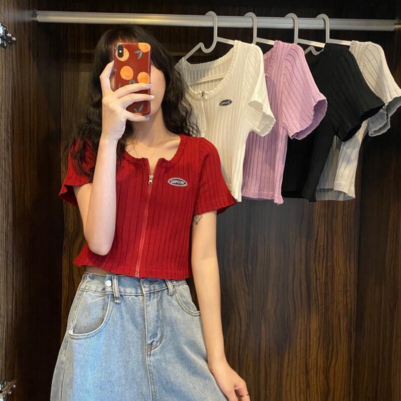 Summer 2022 new Korean version of the Korean version with a slim fit 100 hitch short-sleeve blouses with a bottom-knit-jersey woman