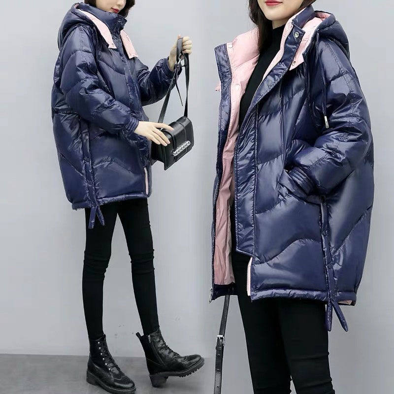 Bright down padded jacket women's 2020 new mid-length padded jacket loose thickened casual hooded winter cotton padded jacket