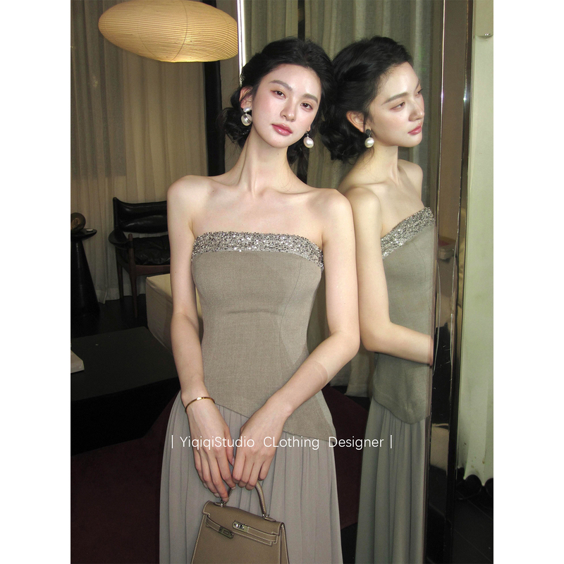 Old Money Style Tube Top Dress, French High-End Socialite Light Formal Dress, Heavy-Duty Stitching, Elastic Waist, Chiffon Long Dress