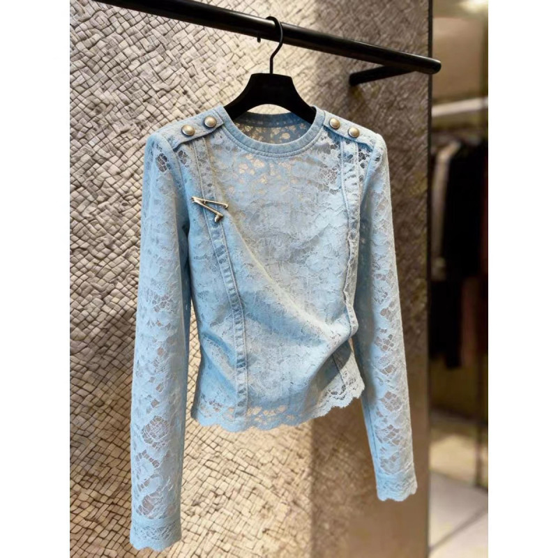 Miss Zora French-Style Ice Blue Lace Blouse for Women, Early Autumn Top, Niche Slim-Fit, Flattering Short Round-Neck Long-Sleeve T-Shirt Miss Zora French-Style Ice Blue Lace Blouse for Women, Early Autumn Top, Niche Slim-Fit, Flattering Short Round-Neck Long-Sleeve T-Shirt