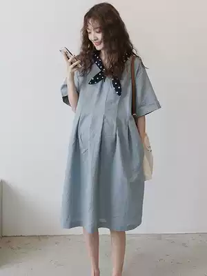 Maternity dress skirt summer mid-pregnancy New Late foreign style spring Navy wind Loose Women's cotton linen dress