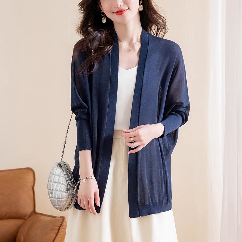 Fashionable Genuine Summer New Large Size Silk Knit Cardigan for Women, Thin Sun Protection Air Conditioning Shawl Jacket