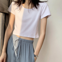 White cotton short-sleeved u-neck t-shirt womens 2022 spring new high-waist navel showing thin short top womens summer