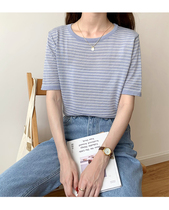 2021 summer pure cotton horizontal pinstripe t-shirt womens short-sleeved new loose top womens summer ins Korean version all-match