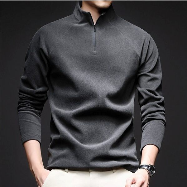 High-End Men's Stand-Up Collar Half-Zip Long-Sleeve T-Shirt for Spring and Autumn, Casual Thermal Underwear Made of Double-Sided Velvet with Brushed Fleece