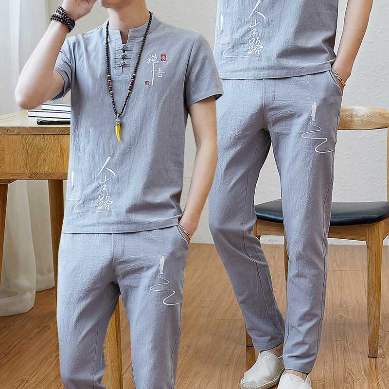 Summer Tang Costume Men China Wind Suit Casual Cotton Linen Short Sleeve T-shirt Han Suit Pan Button Men's Summer Clothing Zhongshan clothing