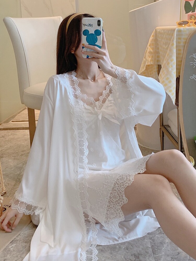 Pajamas women's summer sexy ins wind ice silk thin lace spring and autumn with chest pad suspender night dress nightgown two-piece set