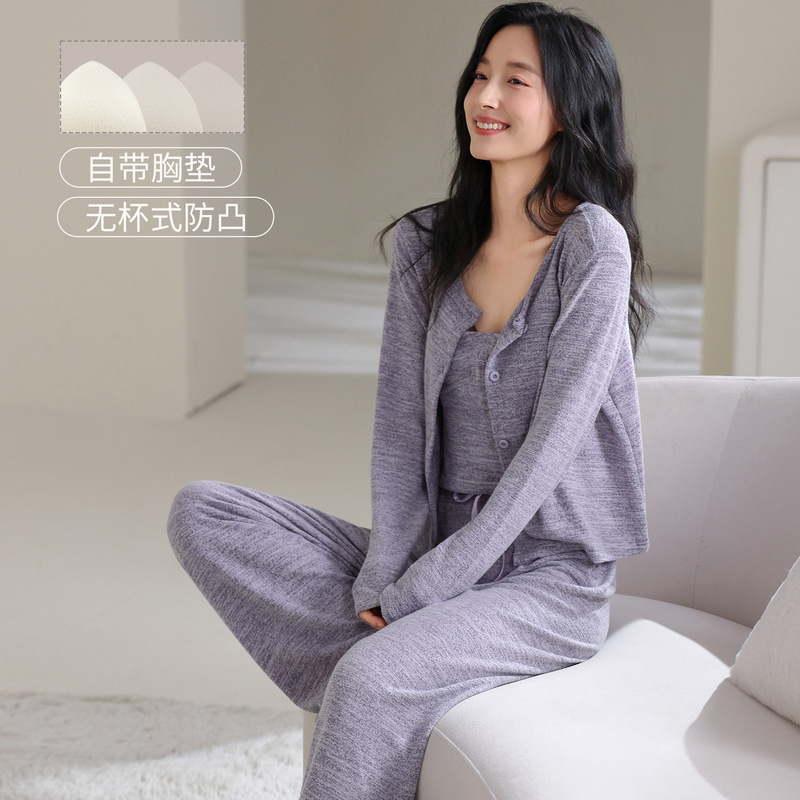 2026 Trendy Autumn New Style Colorful Cotton Rayon Cashmere Three-Piece Pajama Set with Chest Pads for Women Homewear Set