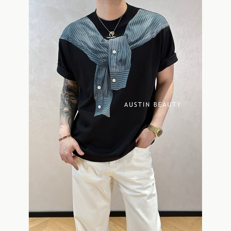 Austinbeauty【Stacked Illusion】Men's Round Neck T-Shirt with Printed Fake Two-Piece Design, Summer Short Sleeves