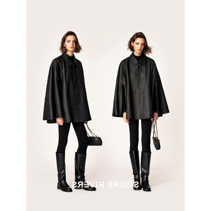Italian Lambskin Zip-Up Two-Way Cape Leather Jacket for Women, New Autumn Style, Elegant Mid-Length Loose Coat Italian Lambskin Zip-Up Two-Way Cape Leather Jacket for Women, New Autumn Style, Elegant Mid-Length Loose Coat