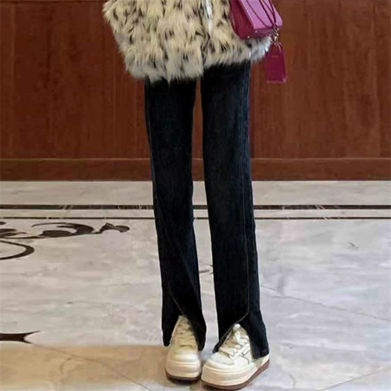 Slit jeans women's small autumn and winter black high-waisted slim micro-bell pants loose mopping high street flared pants