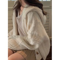 Soft Waxy Twist Sweater Womens Small Autumn and Winter Milky White Loose Lazy Wind Gentle Hooded Knit Cardigan Jacket