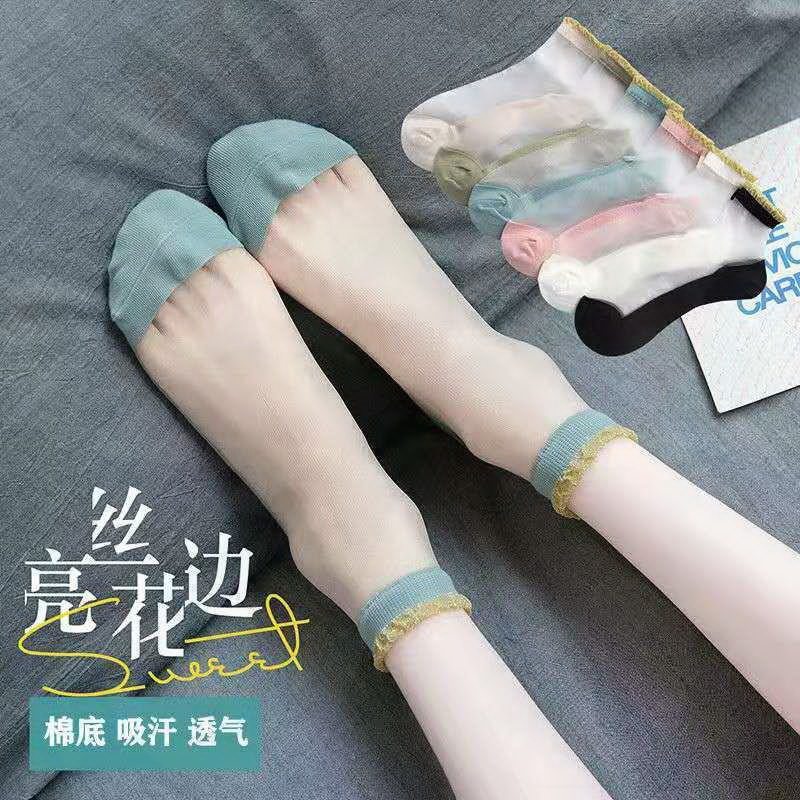 Socks Children Korean version Summer thin models Ins cute Japanese silver silk lace women Sox invisible socks cotton bottom crystal silk stockings