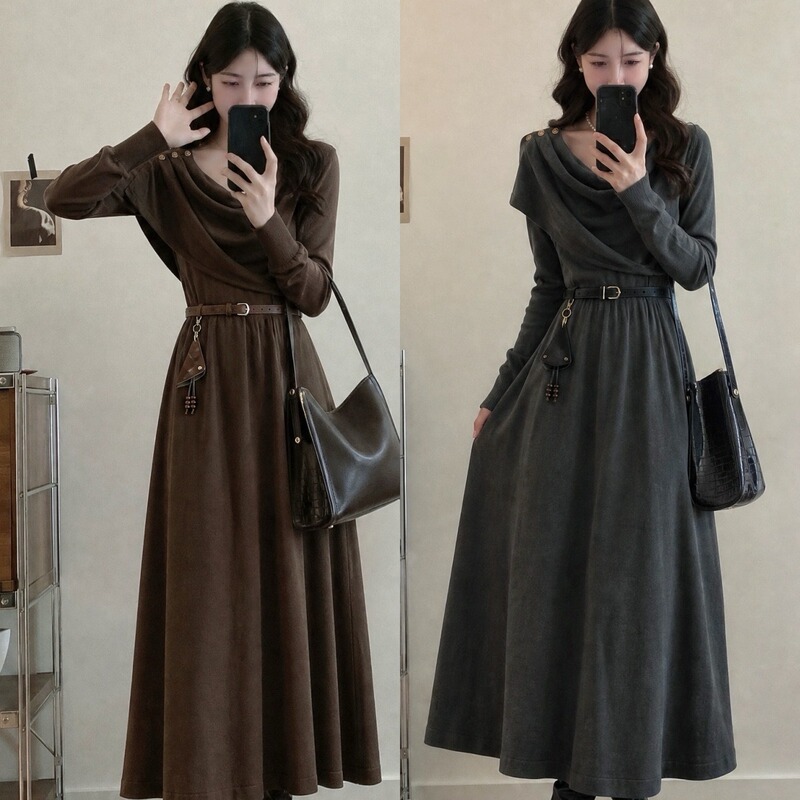 Autumn and Winter Long-Sleeved Knitted Dress, Princess Dress, Plus Size, Design with a Generous Neckline, Elegant and Appropriate Long Dress for Women