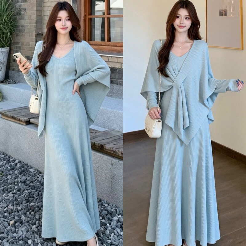 Autumn and Winter Gentle and Lazy Blue Knitted Cape Dress Two-Piece Set Plus Size Fat Girl Korean Style Outfit Complete Set Autumn and Winter Gentle and Lazy Blue Knitted Cape Dress Two-Piece Set Plus Size Fat Girl Korean Style Outfit Complete Set