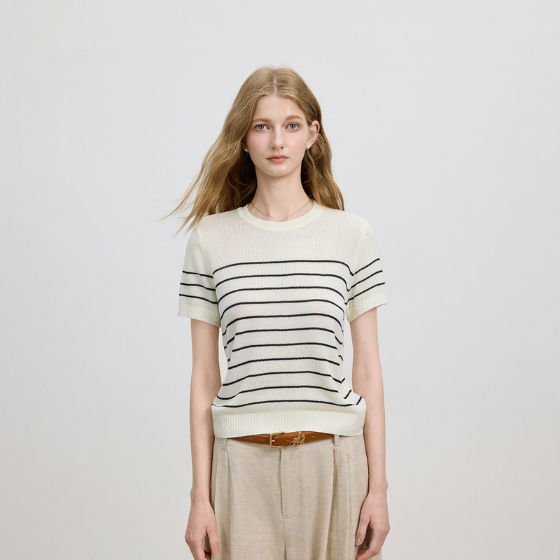 Azmi Niche Design Retro Striped Knitted Short-Sleeve T-Shirt for Women, New Summer Style, Loose, Casual, Versatile Top