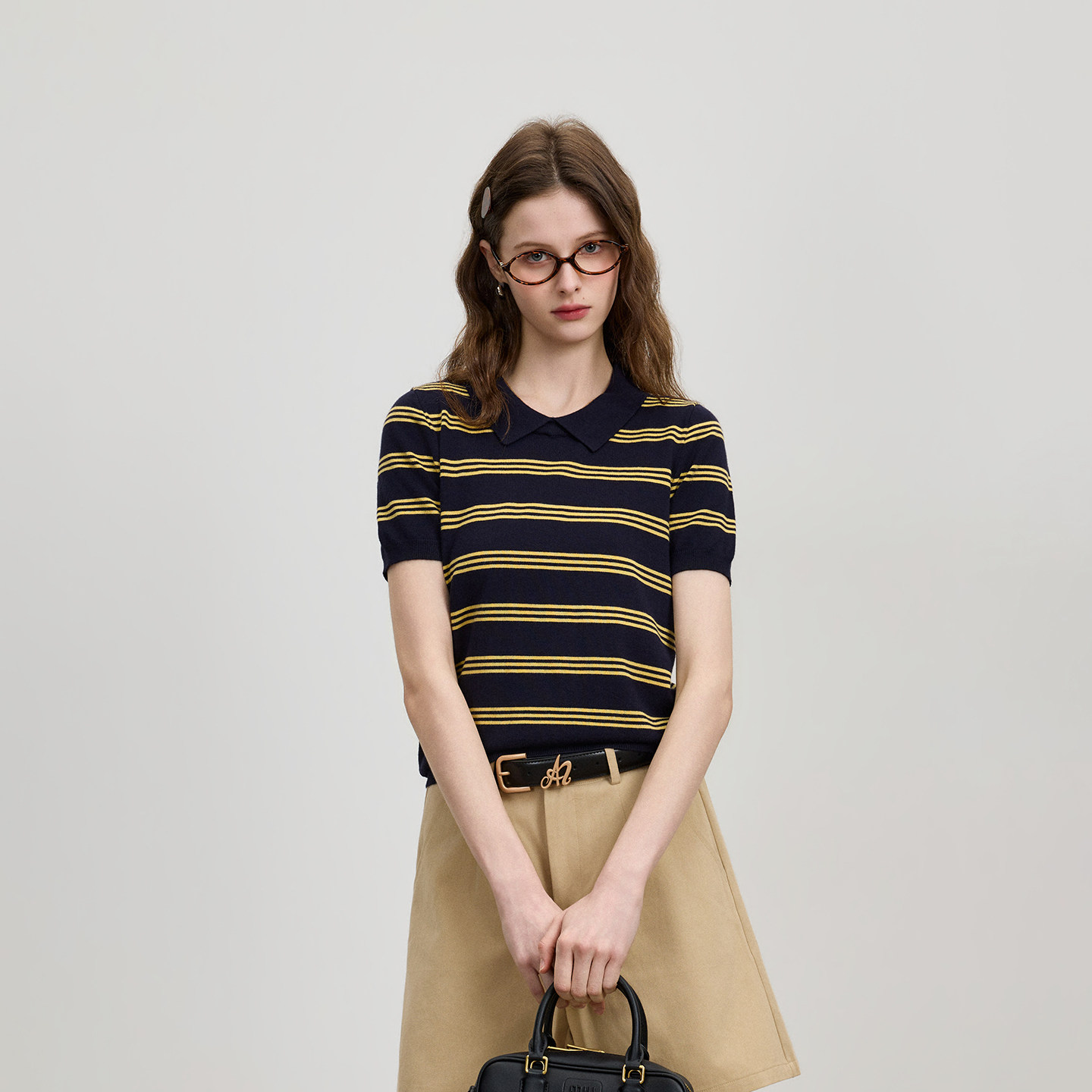 Azmi高级感条纹polo领短袖t恤女春夏季新款修身显瘦正肩针织上衣