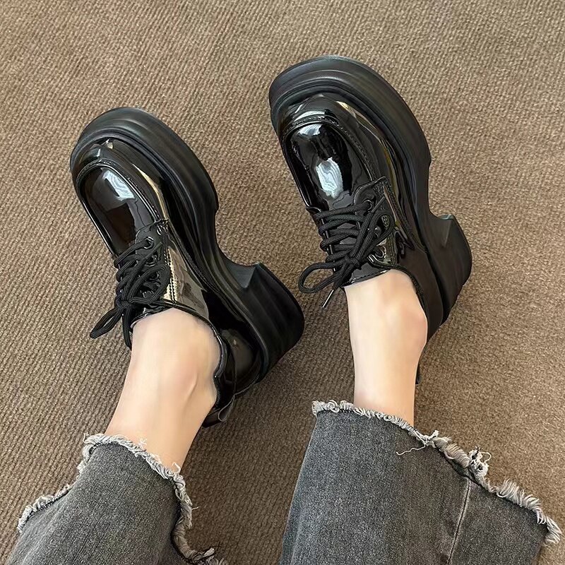 Leather breathable sweat ~ black leather shoes increase summer Englishlady thick Dilefort shoes lady with single shoes