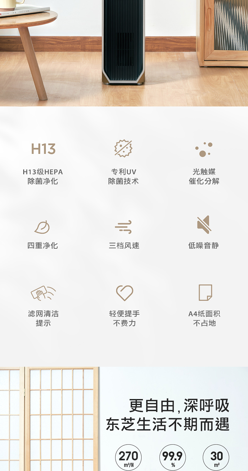 日本东芝 光触媒空气净化器 H13级HEPA高效滤网 图3