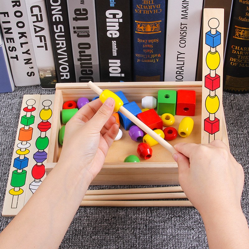 Intellectual beads wear stick building blocks box box baby color shape cognition Montessori early education wooden children's toys 70