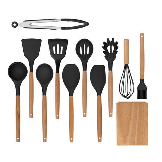 Utensilios de cocina de silicona, juego de 12 piezas, mango de madera, cuchara de cocina, pala, utensilios de cocina de madera, cubo, utensilios de cocina, espátula para verduras, juego de cucharas para sopa