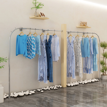 Wall-mounted womens clothing store display rack wall display shelf floor-standing stainless steel solid wood combination clothing rack