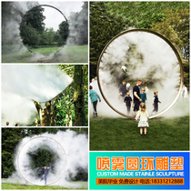 Outdoor large stainless steel mirror sculpture custom manufacturer water feature geometric spray water ring creative large ornament