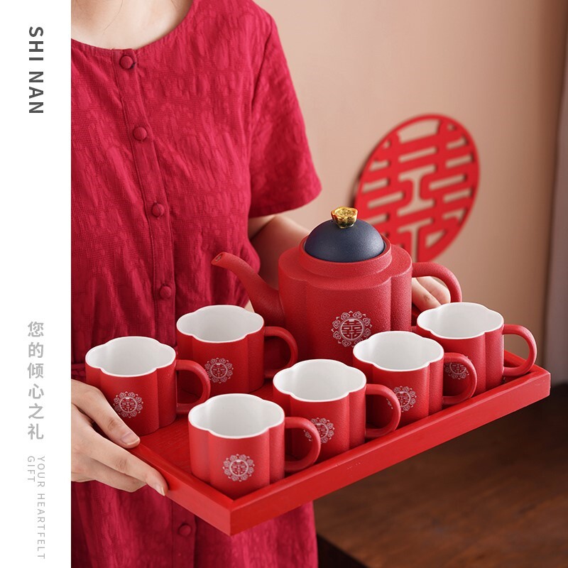 Wedding tea set set Chinese wedding mouth tea cup red festive joy word teapot gift box to send newcomers
