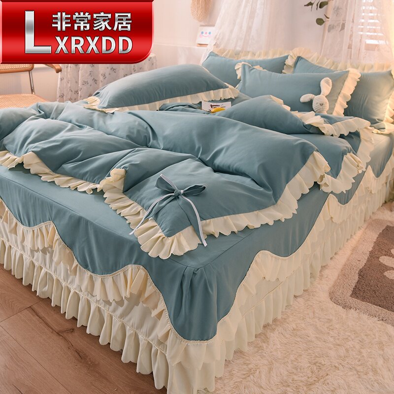 LXRXDD net red cotton bedding four-piece cotton princess wind bow quilt cover girl heart bed skirt