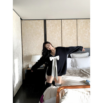 V-neck contrast lace detachable bow two-wear sweater