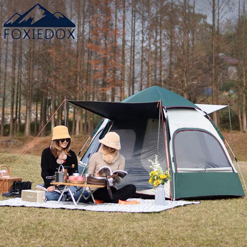Black glue double tent outdoor camping thick camping full automatic free-to-ride speed-open convenient hexagonal luxury villa