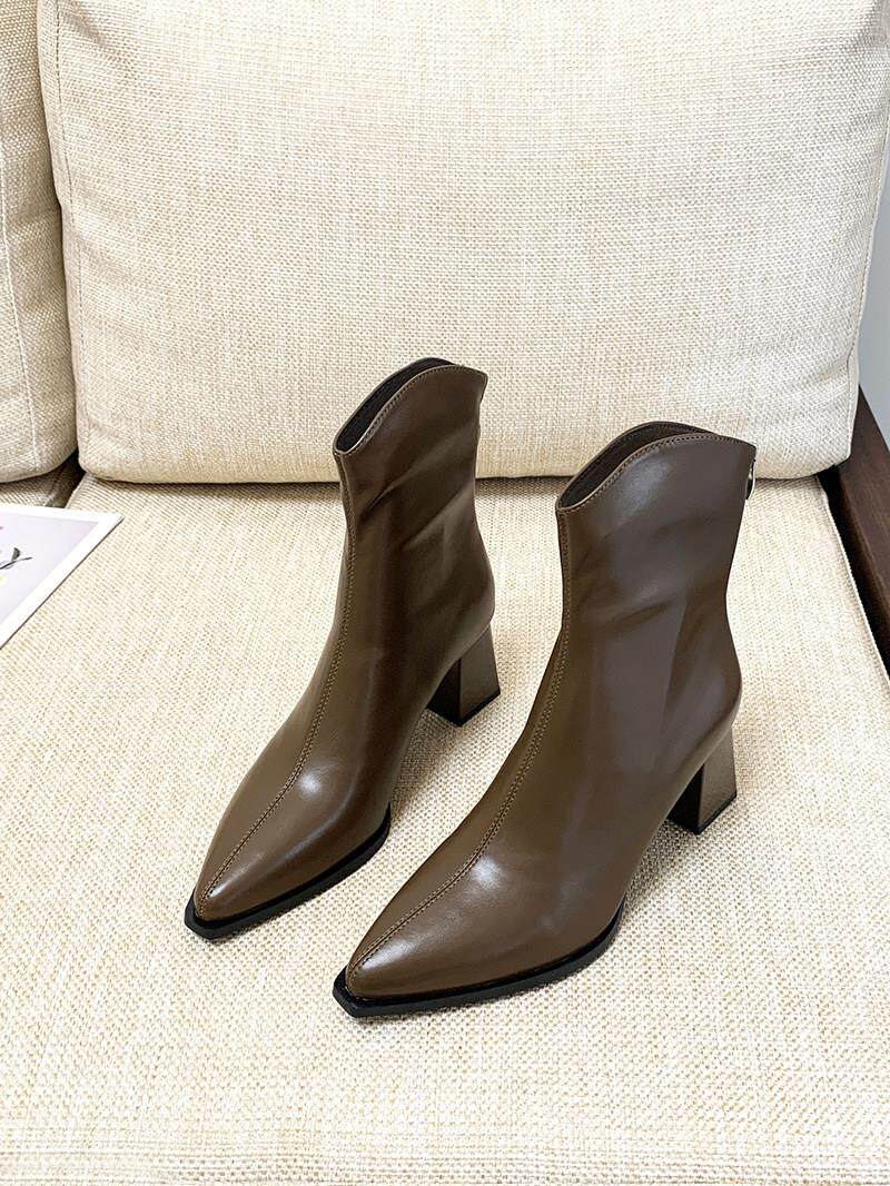 Pointed Genuine Leather High Heel Short Boots Woman 2023 Fall new V mouth Martin boots Inn Wind roughs heel Chelsea single boot-Taobao