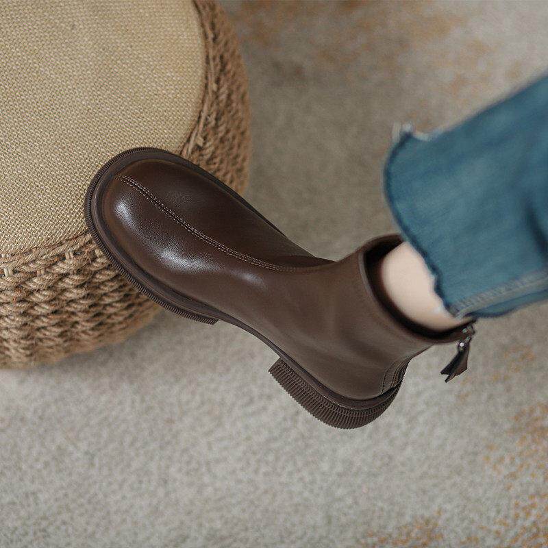 Genuine leather Martin boots female Inn Wind 2023 Autumn winter new elastic thin skinny boots rear zip thick bottom plus suede short boots-Taobao