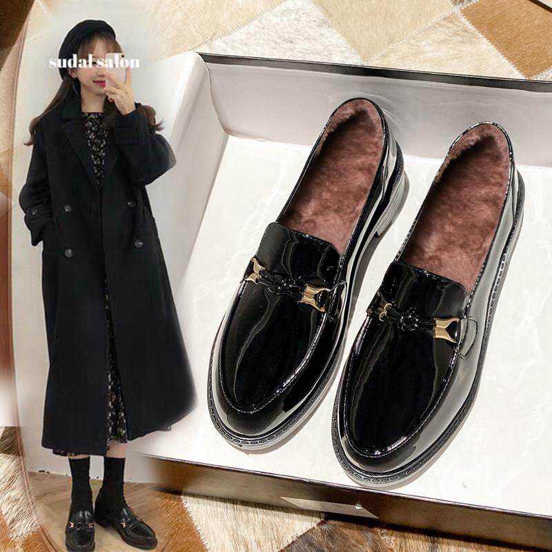 Gush small leather shoes woman 2023 autumn winter new Korean version 100 hitch flat bottom single shoe genuine leather Inn wind crude heel-Taobao