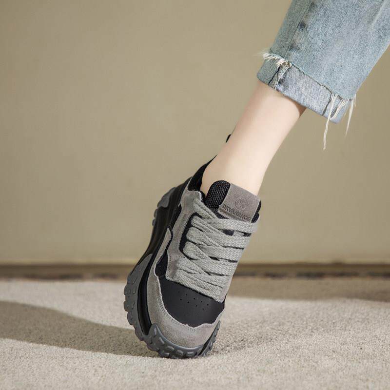 Real leather plus velvet old daddy shoes women 2023 autumn winter new single shoes 100 hitch cakes thick bottom lace casual sneakers-Taobao
