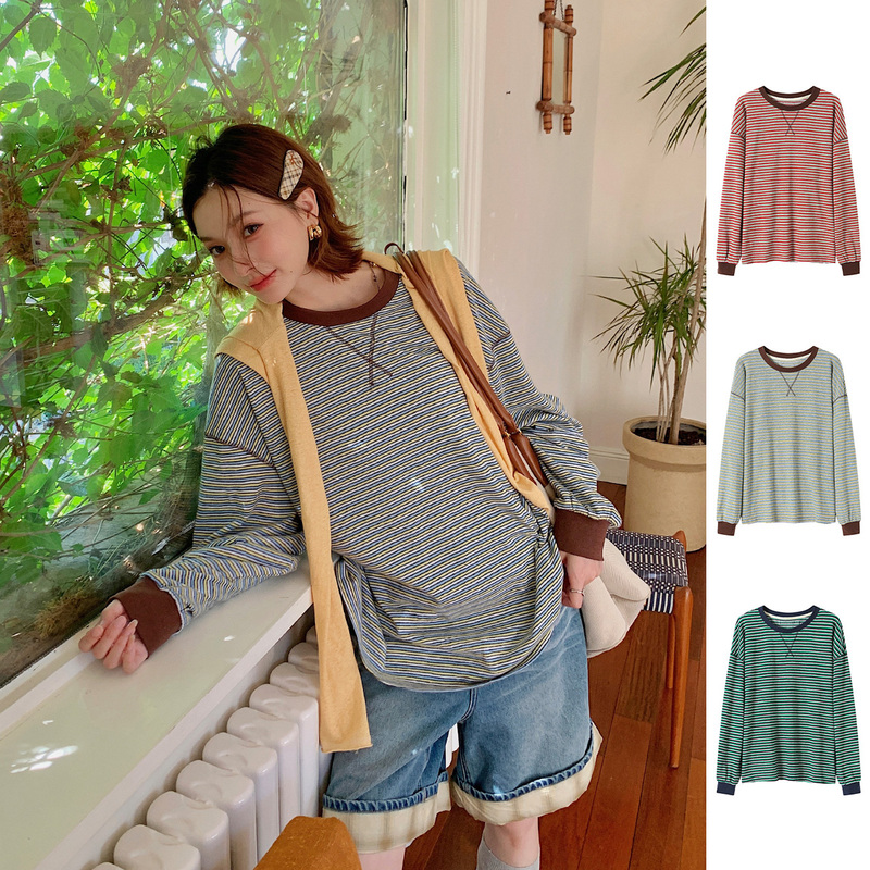 [in Stock] Rerek Designer 25 Early Autumn Color-Blocked Round Neck Casual Loose Striped Knit T-Shirt Gogobuyer