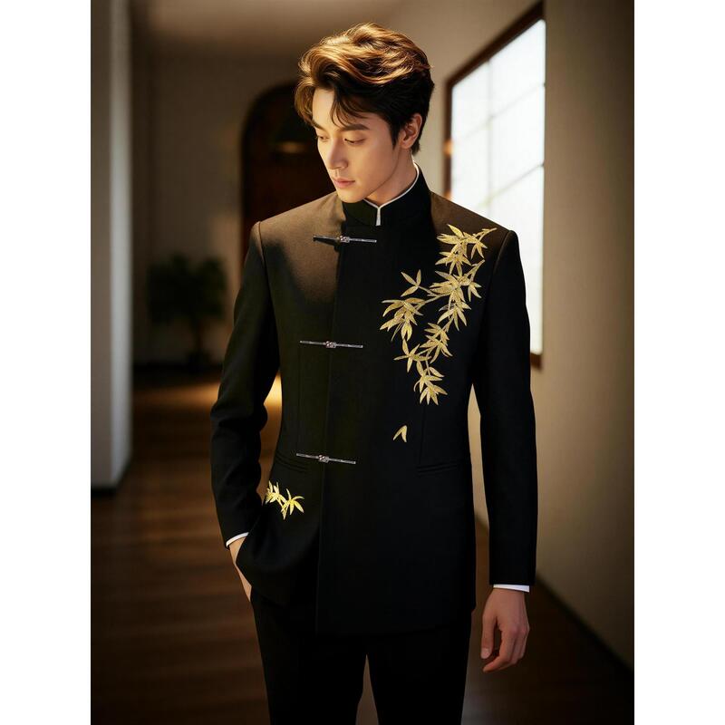 Pierre Cardin New Chinese-Style Embroidered Suit for Men, Zhongshan Suit, Wedding and Engagement Attire, Groom's Xiuhe Suit, Stand-Up Collar Tang Suit Pierre Cardin New Chinese-Style Embroidered Suit for Men, Zhongshan Suit, Wedding and Engagement Attire, Groom's Xiuhe Suit, Stand-Up Collar Tang Suit