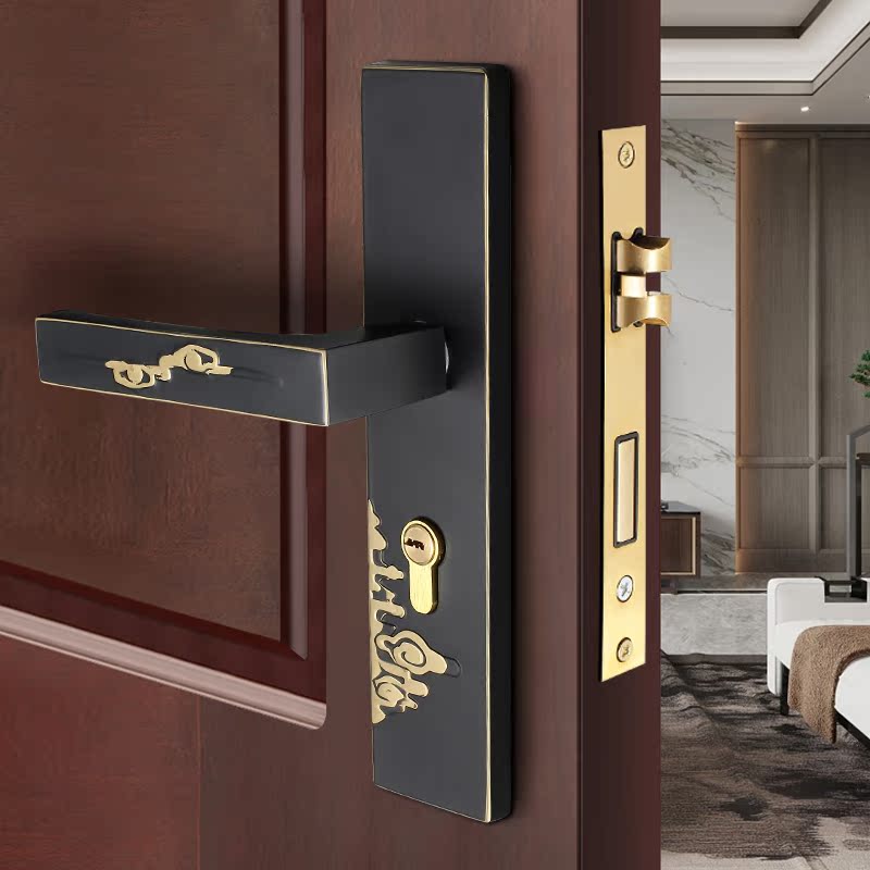 Pure copper indoor bedroom door lock indoor modern minimalist door lock Chinese style all copper black solid wood door mute room door lock