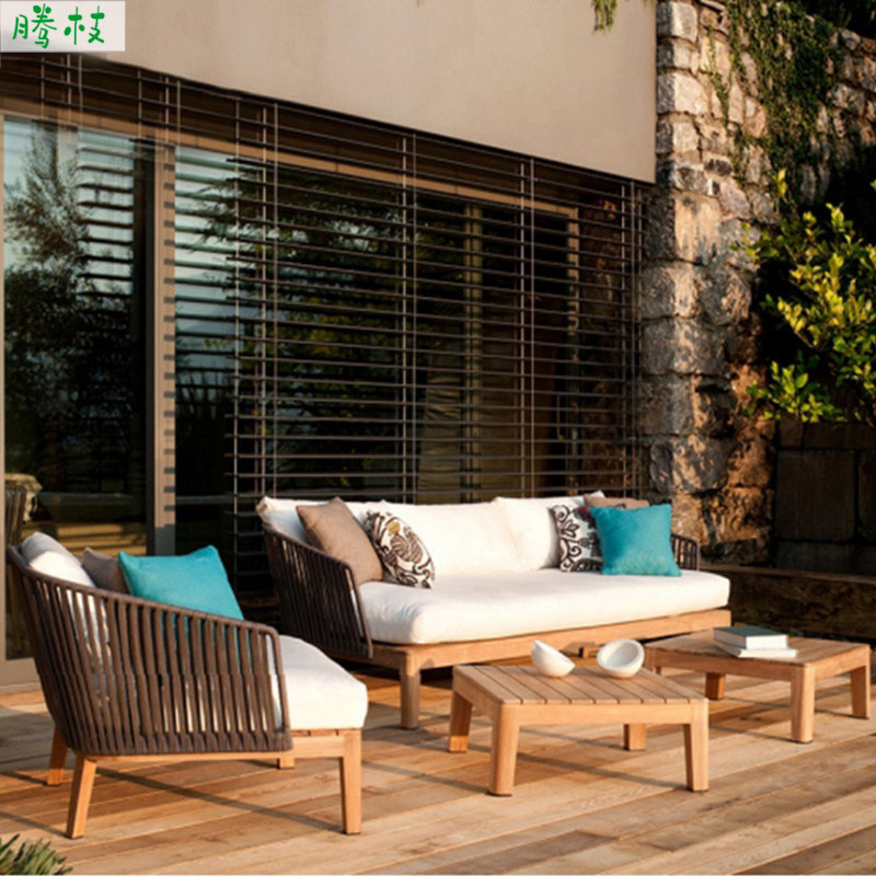Outdoor Rattan sofa Nordic Courtyard Greenhouse Garden Teak Farmhouse Hotel Open-air Vines solid wood sofa chair