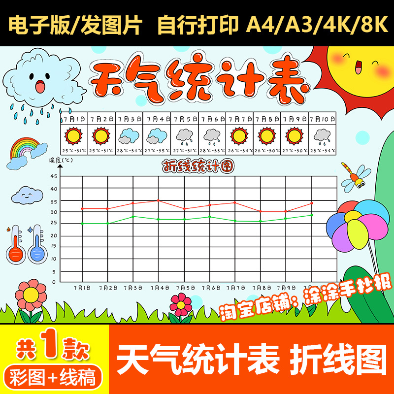 Weather Statistics Chart Line Graph Handwritten Newspaper Template Primary School Students' Winter and Summer Vacation Weather Calendar Changes Record Line Drawing