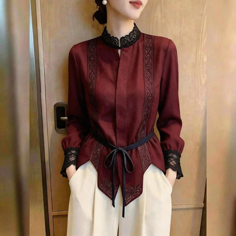 Intellectual Style Lace Patchwork Stand-Up Collar Lace-Up Top for Women, Red, Waist-Cinching, Elegant, High-End, Super Pretty, Fashionable 2026