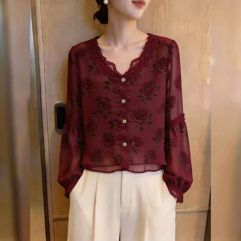 Super Stylish Retro Red Rose Print Shirt for Women, Commuter Style Lace V-Neck Slimming Versatile Top Super Stylish Retro Red Rose Print Shirt for Women, Commuter Style Lace V-Neck Slimming Versatile Top