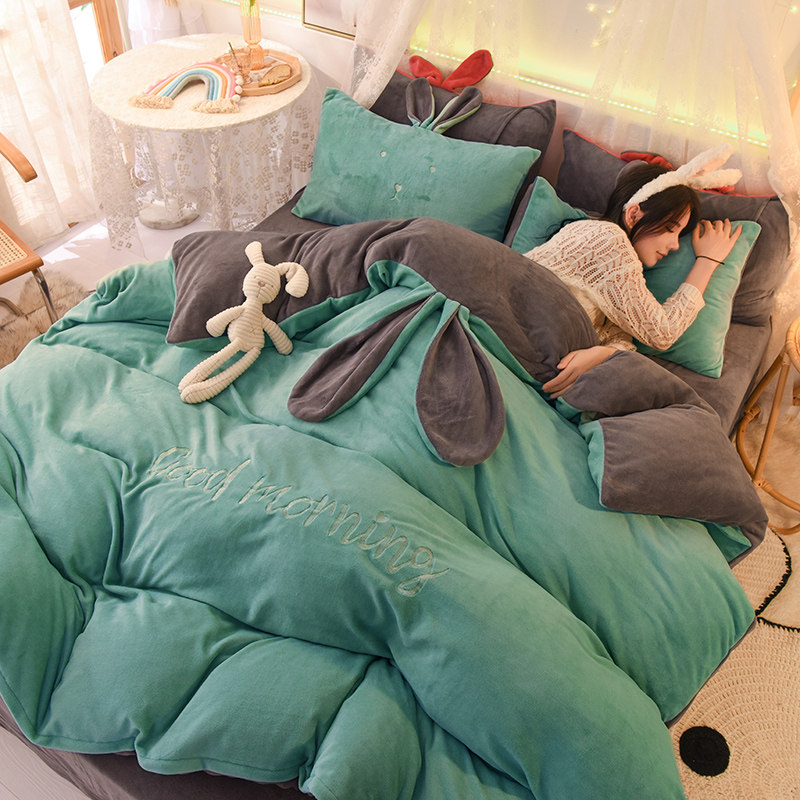 Milk Suede Four Pieces Winter Thickened Double Flannel Flannel Quilt Cover Bed Linen Coral Suede Embroidery Light Lavish Bed Pint-Taobao