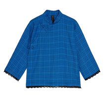 (New Chinese style) puretea tea-dyed plaid shirt womens oblique placket button 2023 summer new product