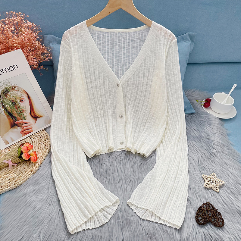 Knitted Cardigan, Loose-Fitting, Ice Silk, Large Size, Buttoned, Flared Sleeves, Short Thin Jacket, Sun Protection Cover-Up for Women, Summer