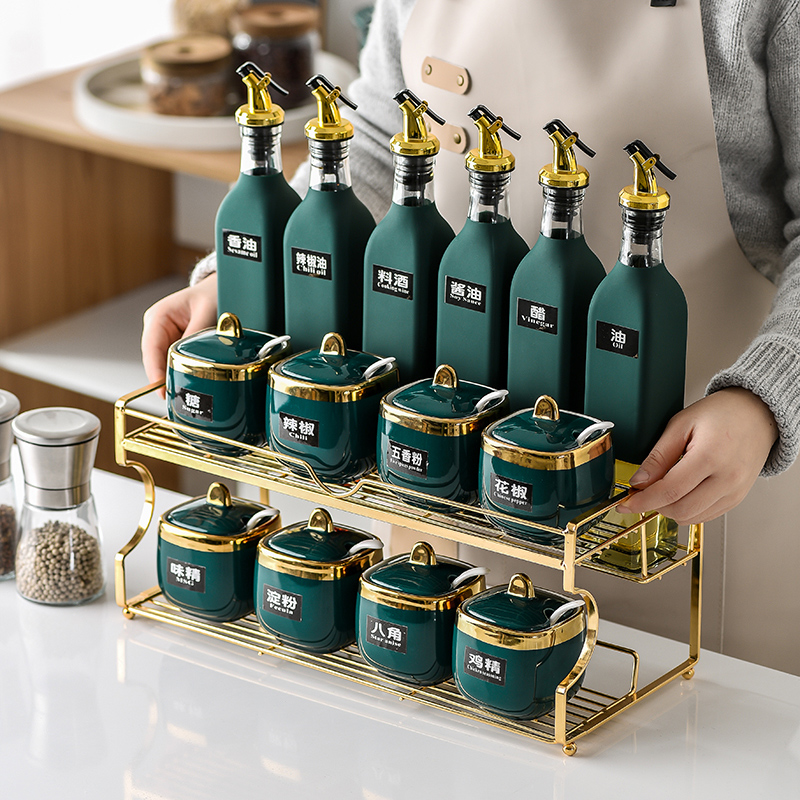 Kitchen light luxury ceramic seasoning box soy sauce bottle combination set household salt sugar seasoning jar seasoning jar storage rack
