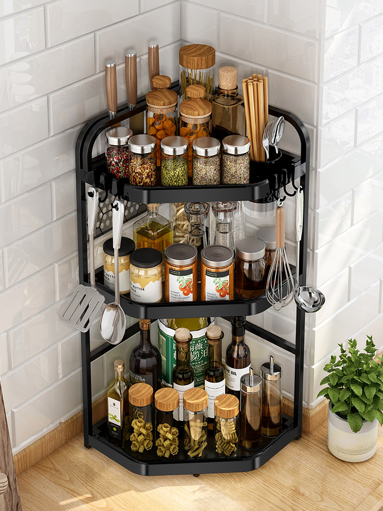 Black Kitchen Corner Shelve Tripod Tripod Stainless Steel Seasoning Jar Rack Wall Corner containing shelf wall-hanging free of punch