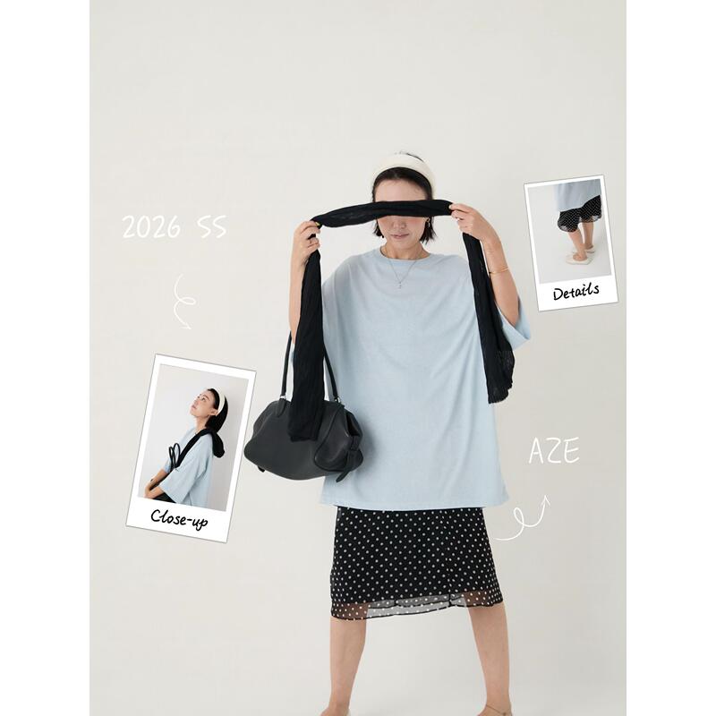 Aze Glacier Paper Summer Baby Blue Draped Off-Shoulder Oversized Loose Lightweight Five-Sleeve T-Shirt
